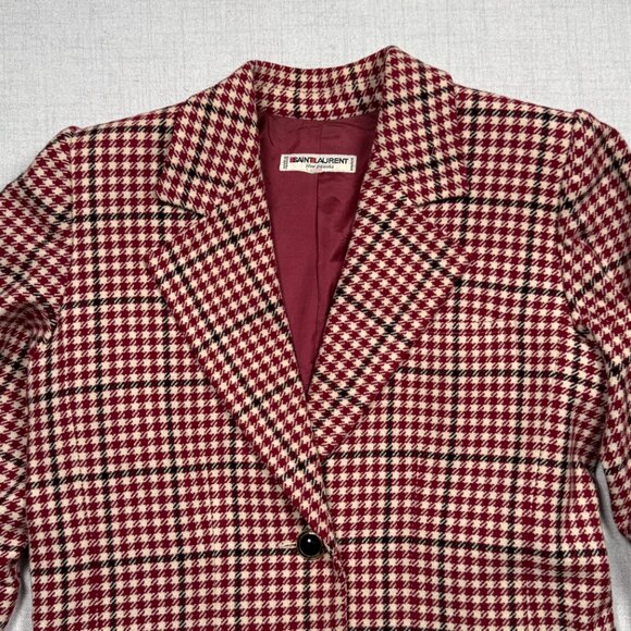 Vintage Saint Laurent Rive Gauche Houndstooth Blazer Red Cream Two Button Sz 44 - Picture 4 of 14